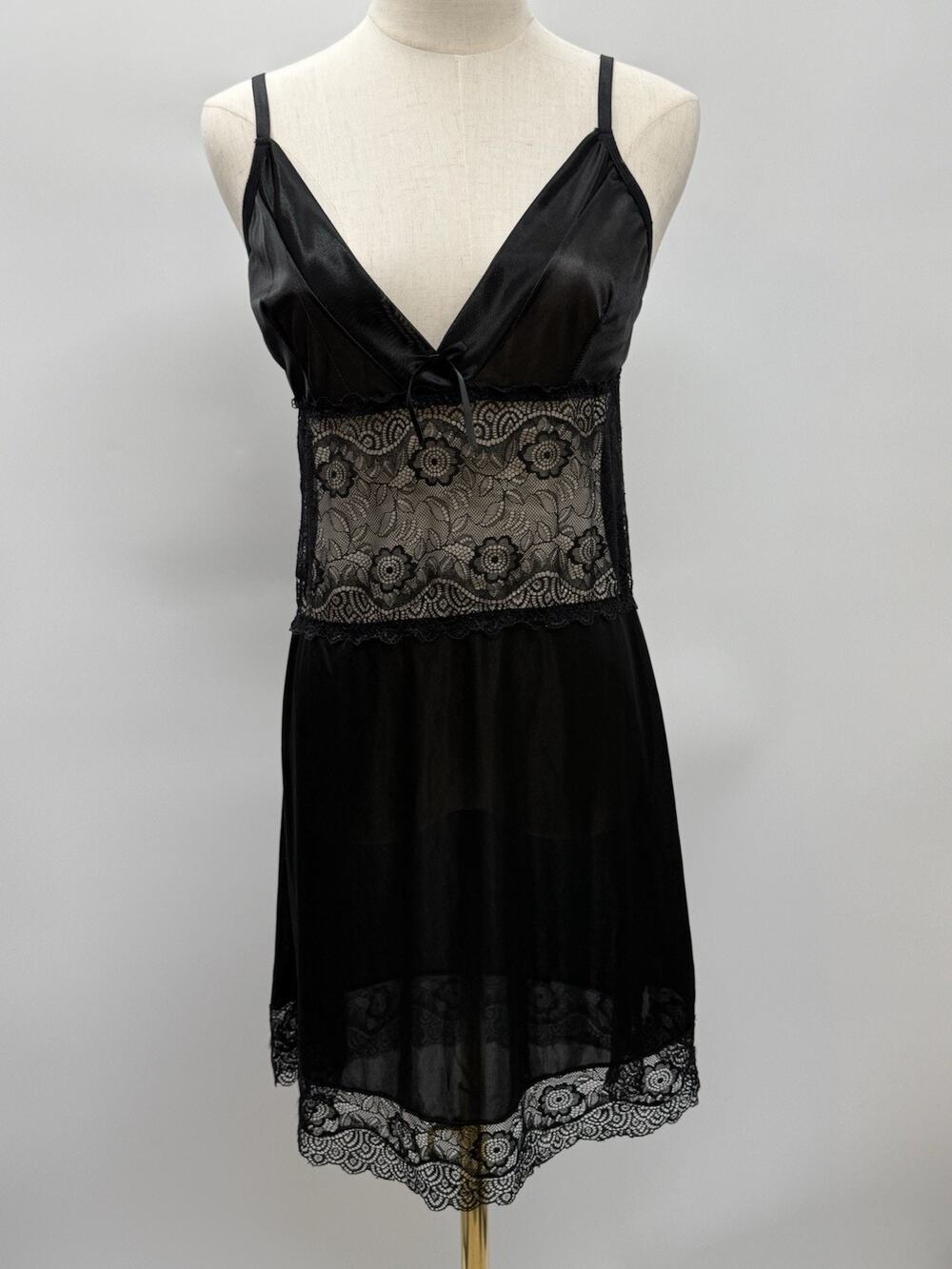 Tracy Black Satin Lace Slip Dress Adjustable Straps Romantic Lingerie Large
